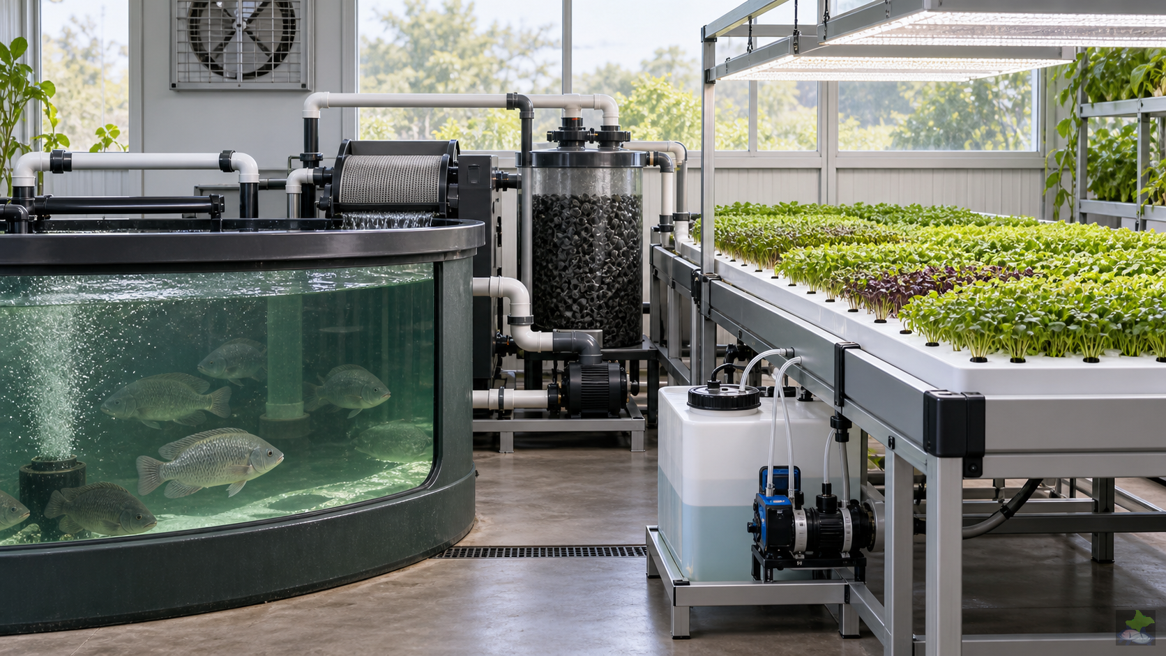 Sistema acuapónico desacoplado con tanque de peces, filtración y bandejas de microbrotes