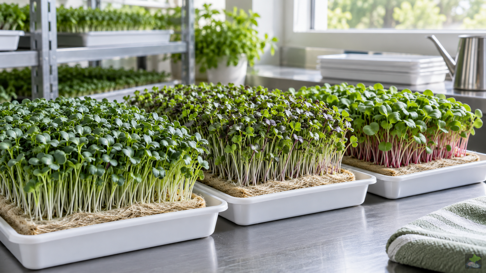 Microbrotes sobre esterillas limpias de fibras naturales en bandejas de cultivo poco profundas