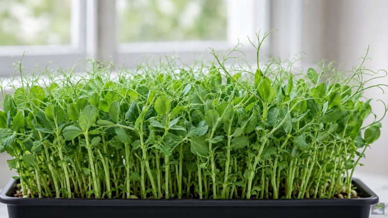 Microbrotes vigorosos de guisante con hojas jóvenes y zarcillos