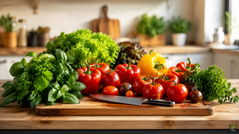 Preparing freshly harvested vegetables and herbs