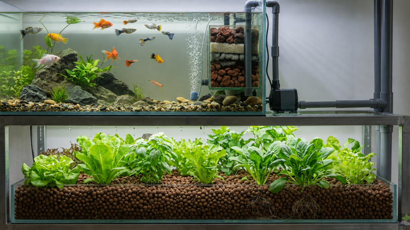 Aquaponikanlage mit Fischbecken, Wasserfilter und bepflanztem Medienbeet
