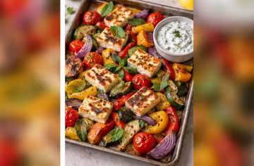 Blechgemüse mit Halloumi und Minzdip