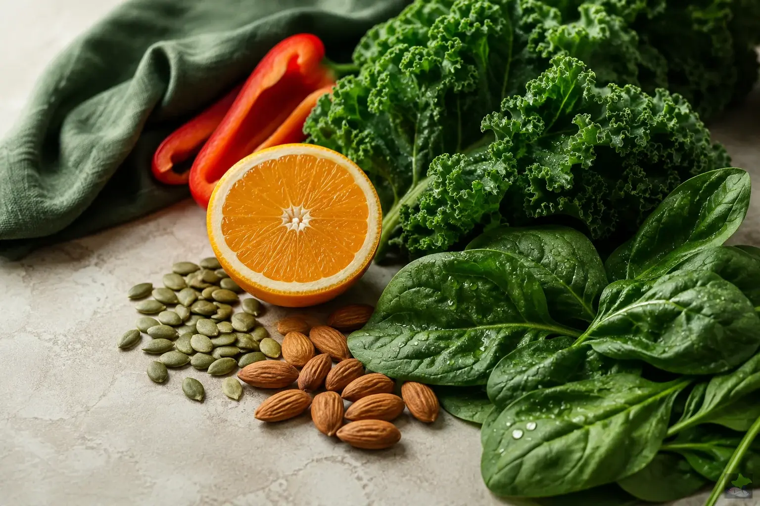 Kale, spinach, an orange, sweet peppers and seeds on pale stone.