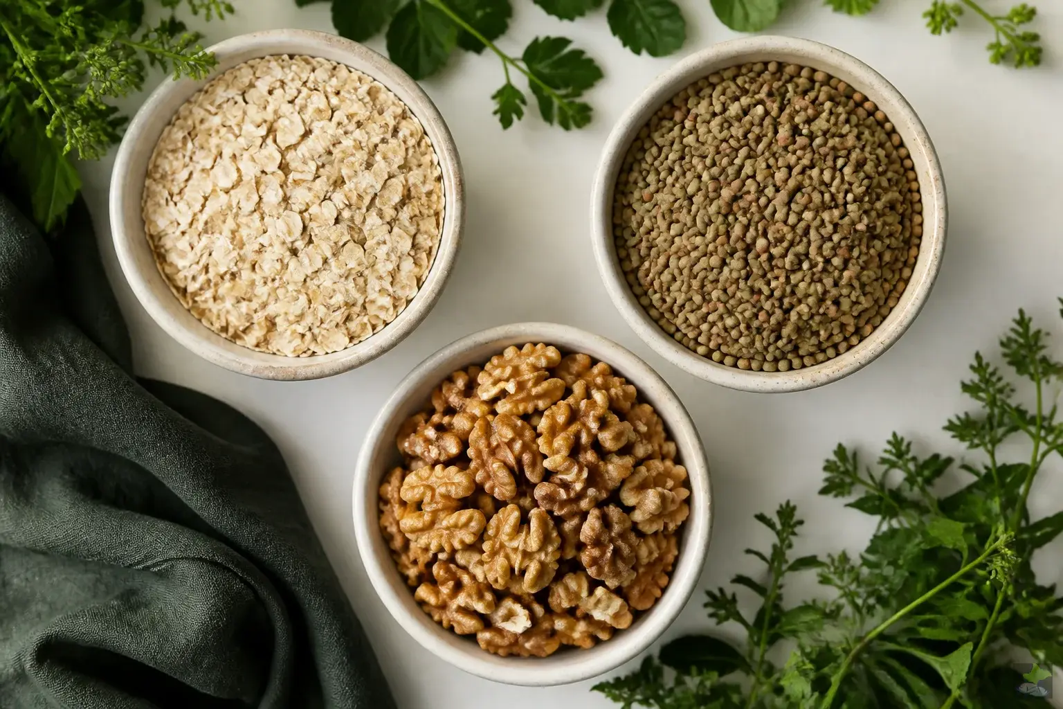 Cuencos con copos de avena, lentejas y nueces.