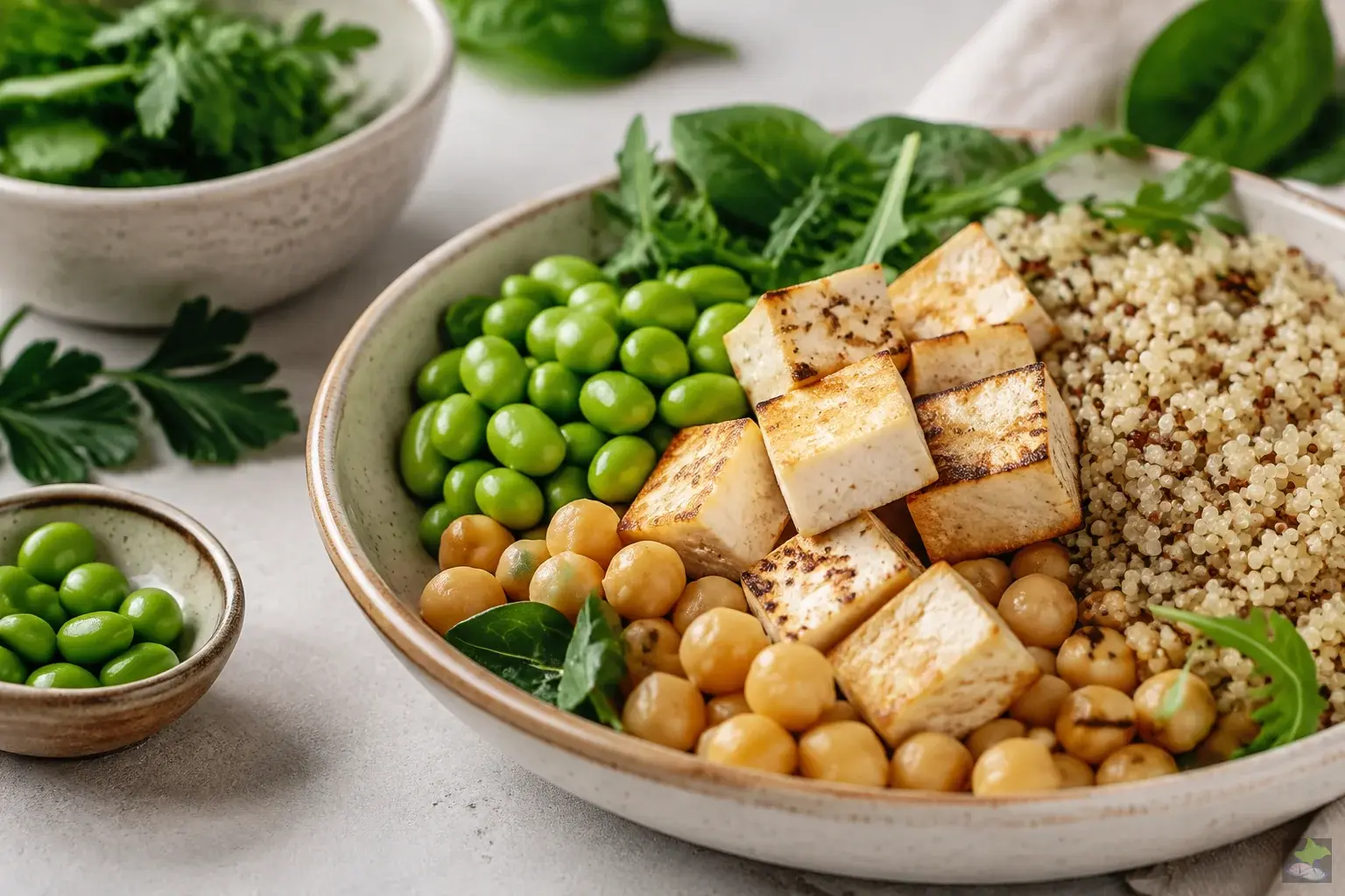 Tofu, edamame, chickpeas and quinoa in a bowl.
