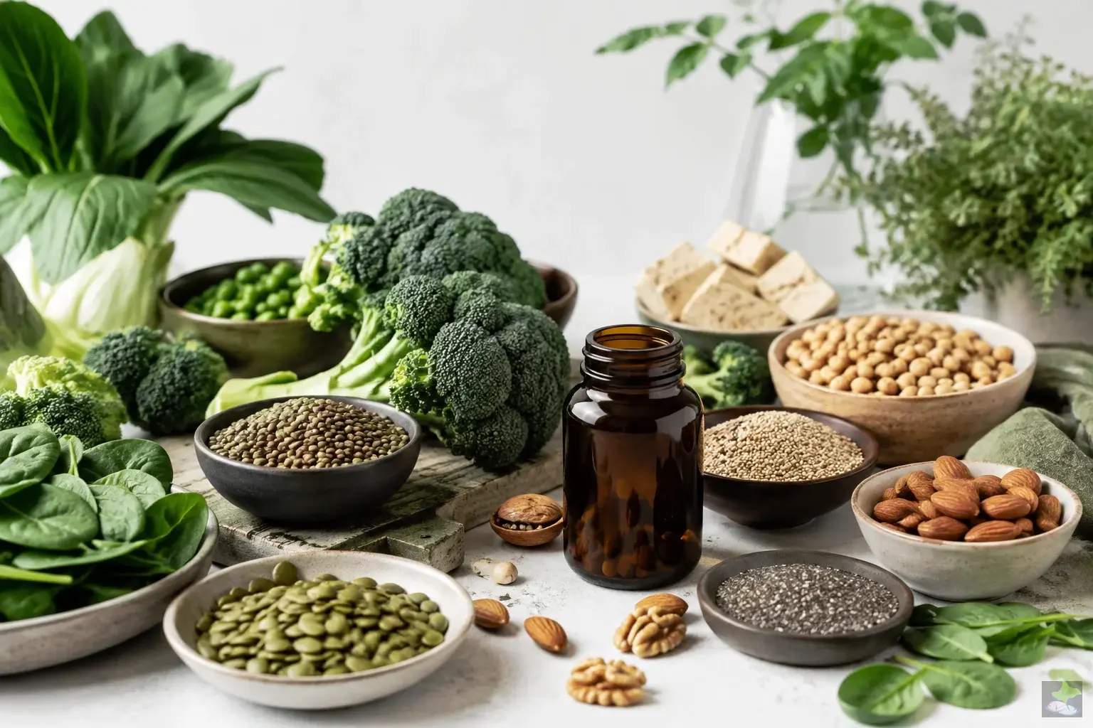Plant foods beside an unlabelled amber glass bottle.