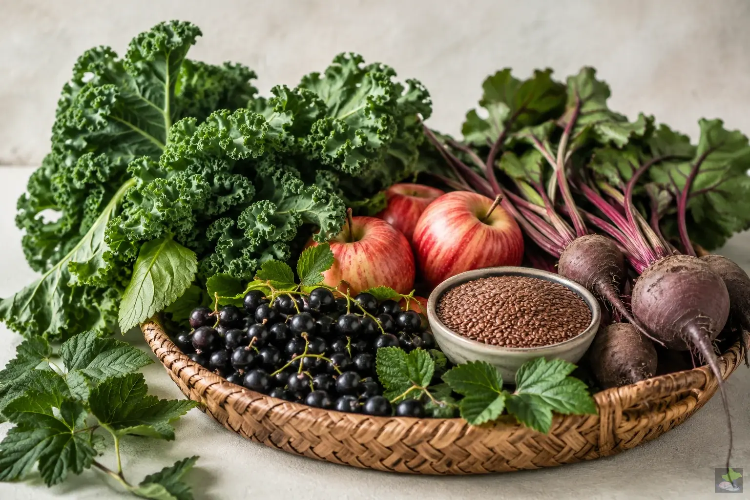 Kale, redcurrants, apples, flaxseed and beetroot in a basket.
