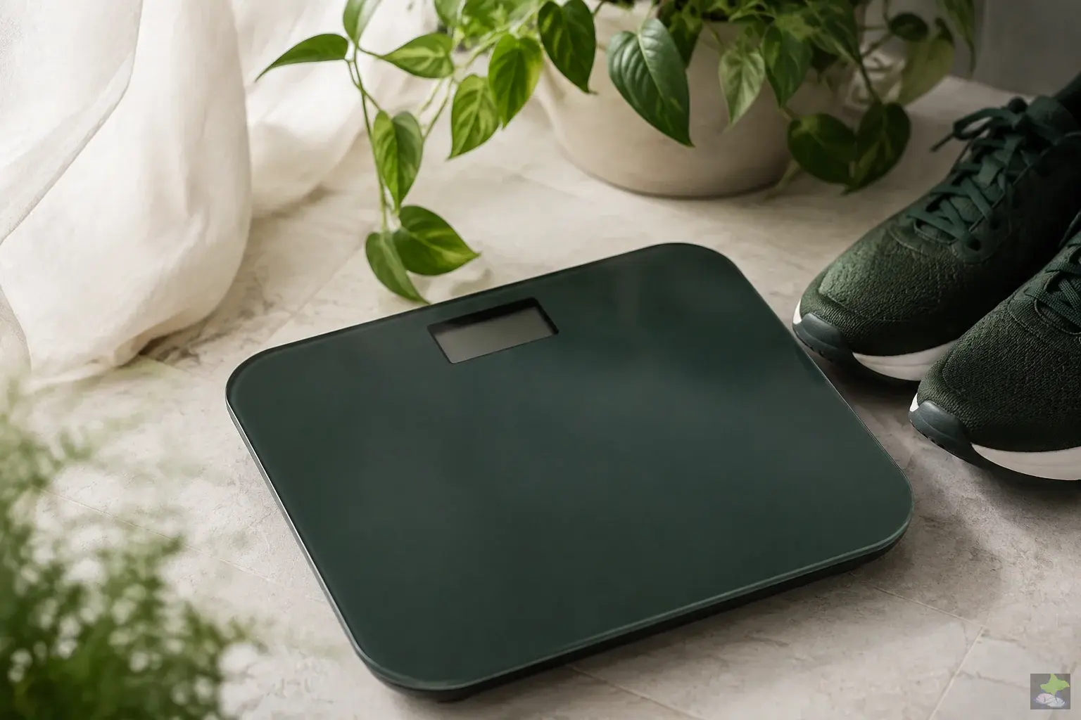 Scales and comfortable shoes beside a green houseplant.