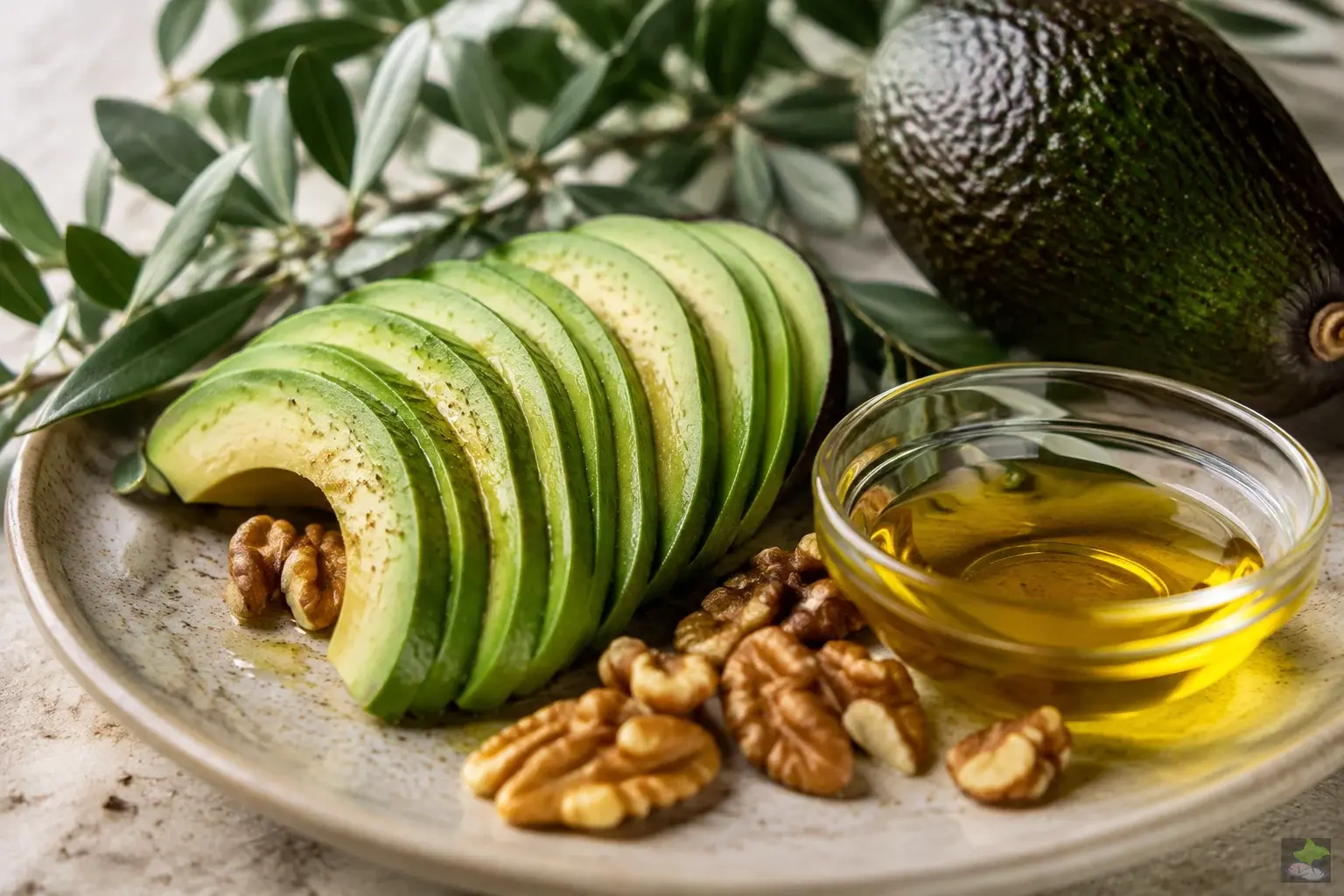 Aguacate, nueces y aceite de oliva sobre un plato claro.