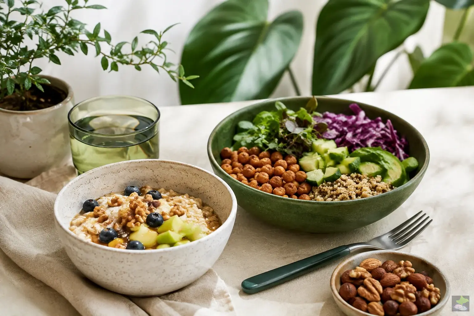 Desayuno de avena, cuenco de garbanzos y frutos secos sobre una mesa.