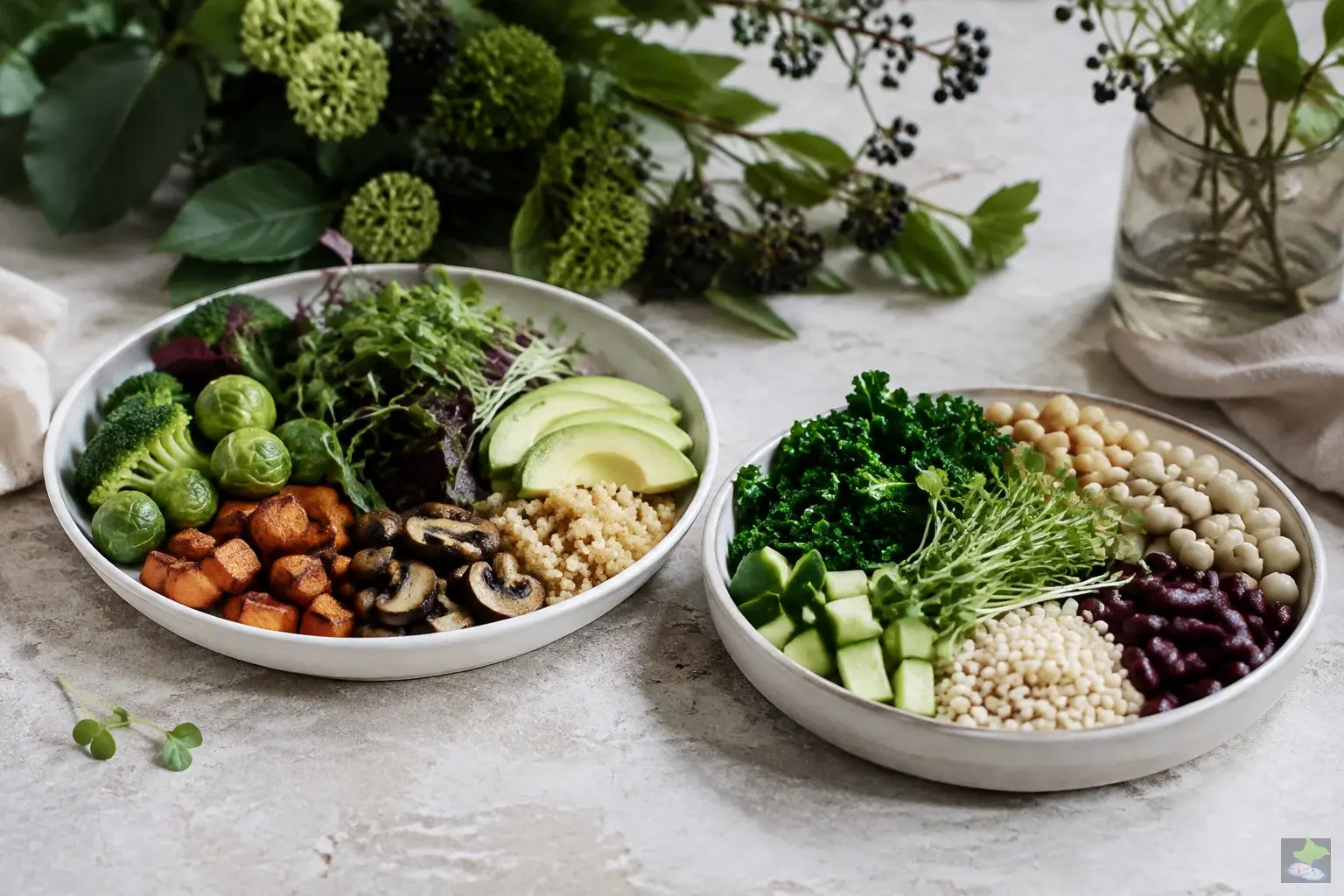 Dos platos variados con verduras, cereales y legumbres.