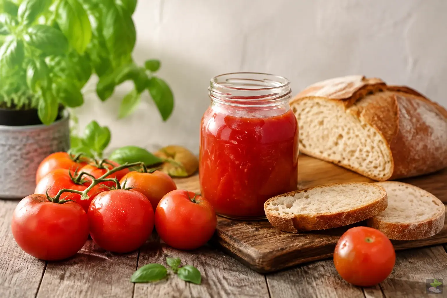 Fresh tomatoes beside tomato sauce and bread.