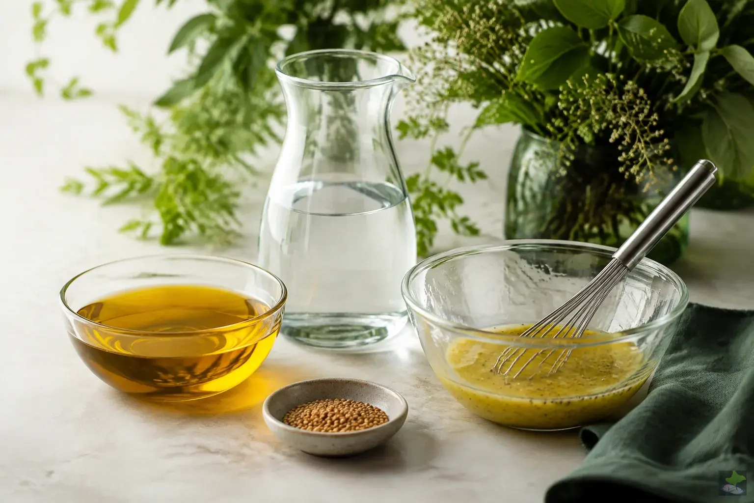 Oil, water, mustard seeds and freshly mixed dressing.