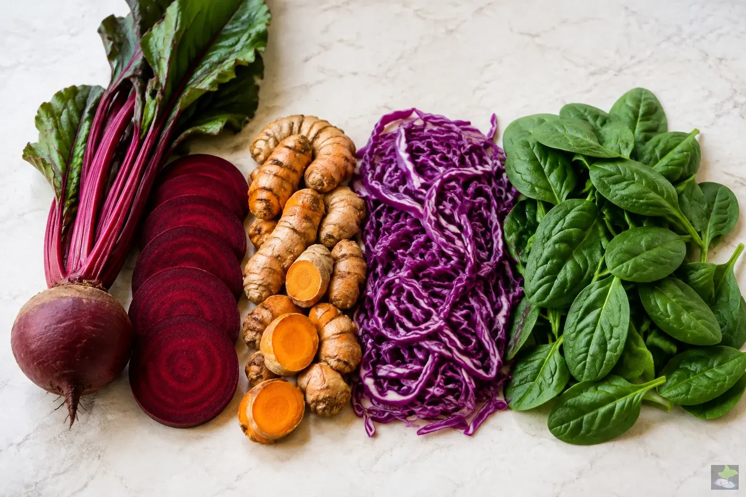 Beetroot, turmeric, red cabbage and spinach as a natural colour palette.