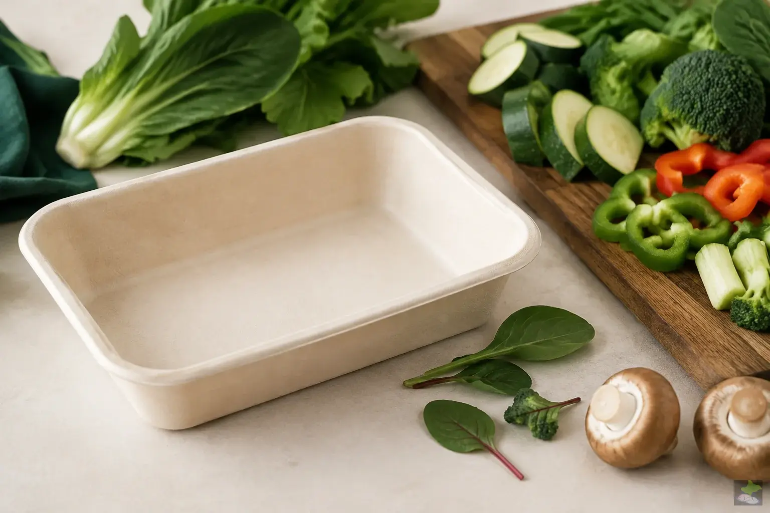 An unlabelled ready-meal tray beside fresh vegetables.