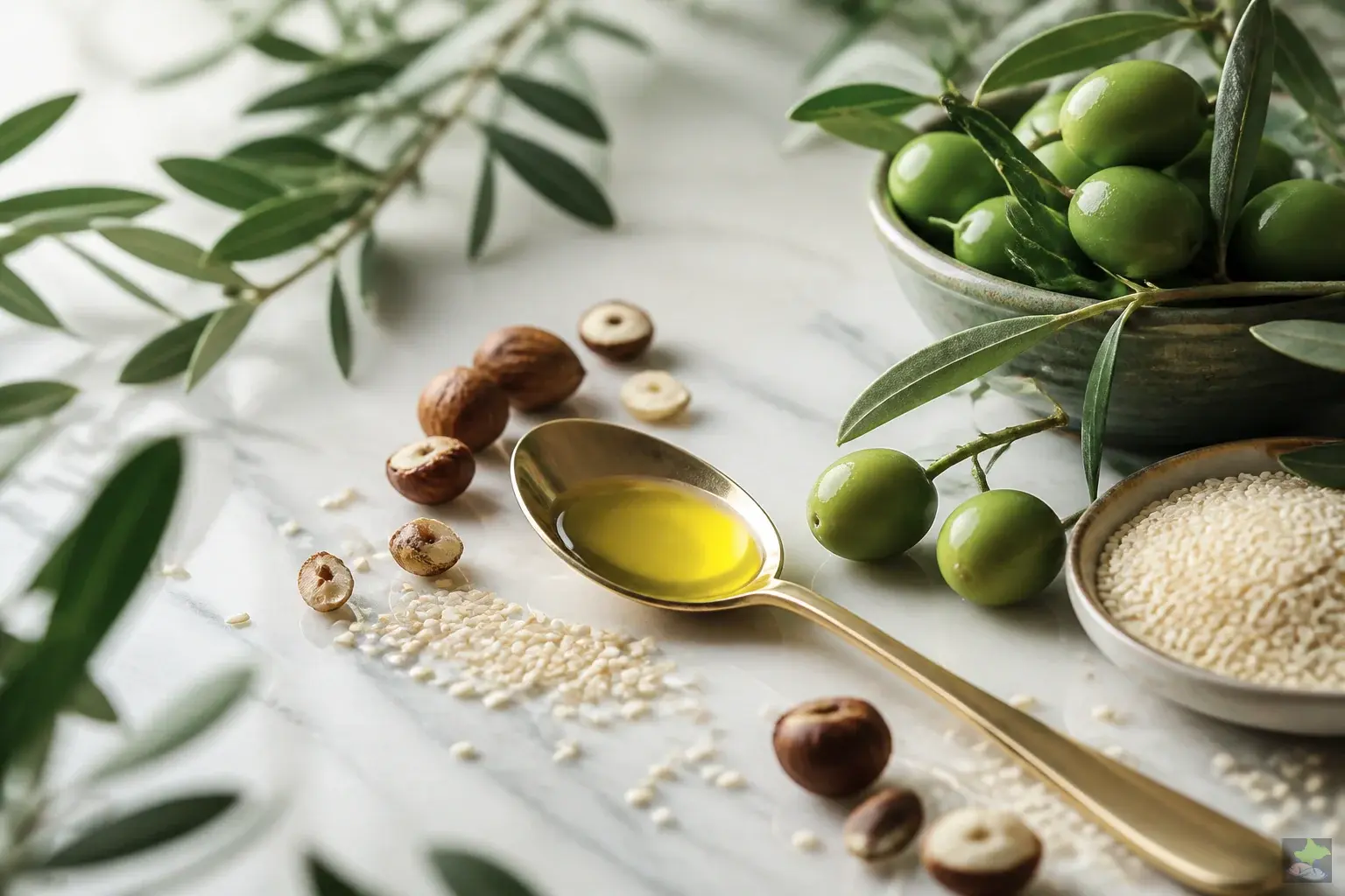 Aceite de oliva en una cuchara con aceitunas, avellanas y sésamo.