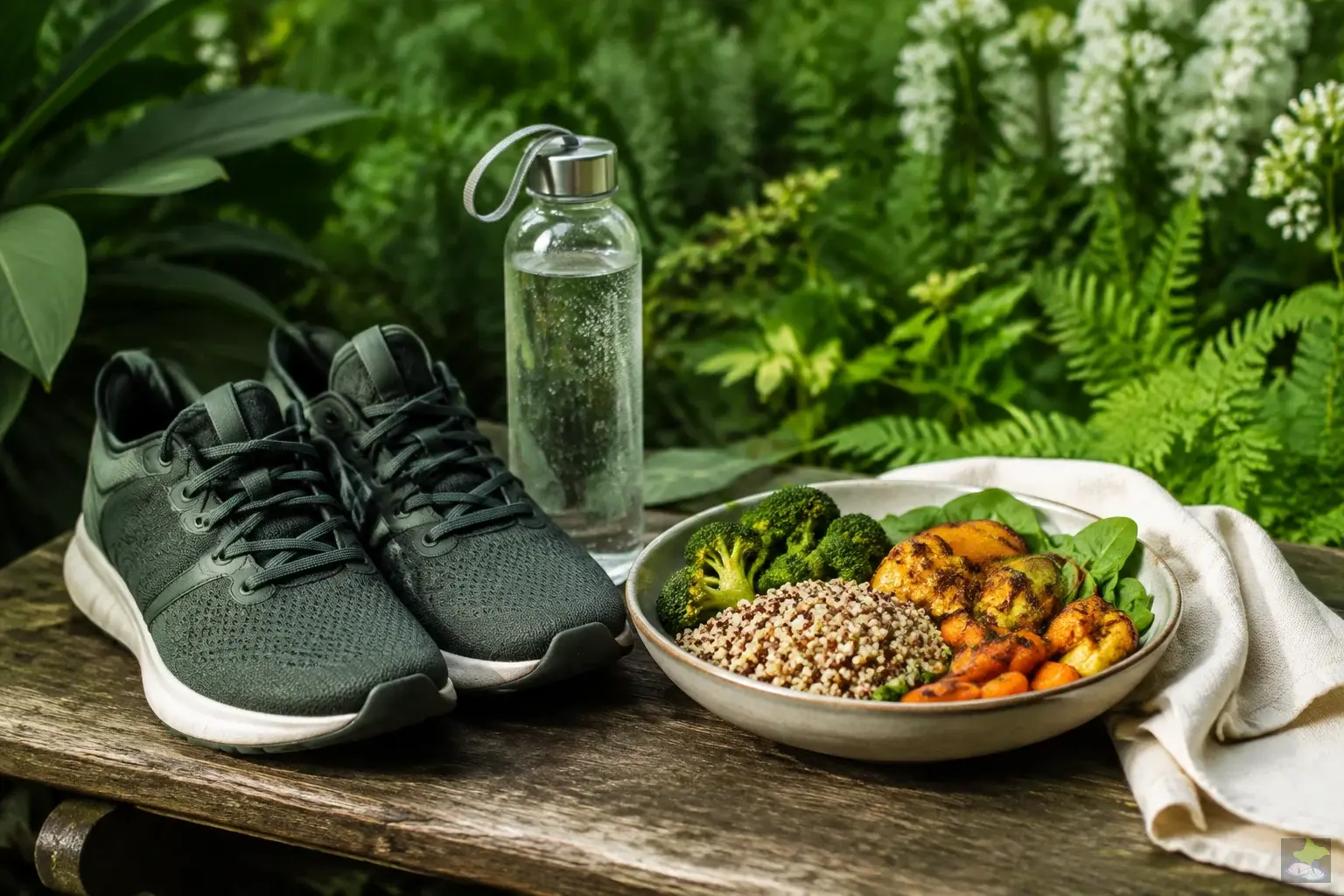 Calzado, botella de agua y comida vegetal sobre un banco de jardín.