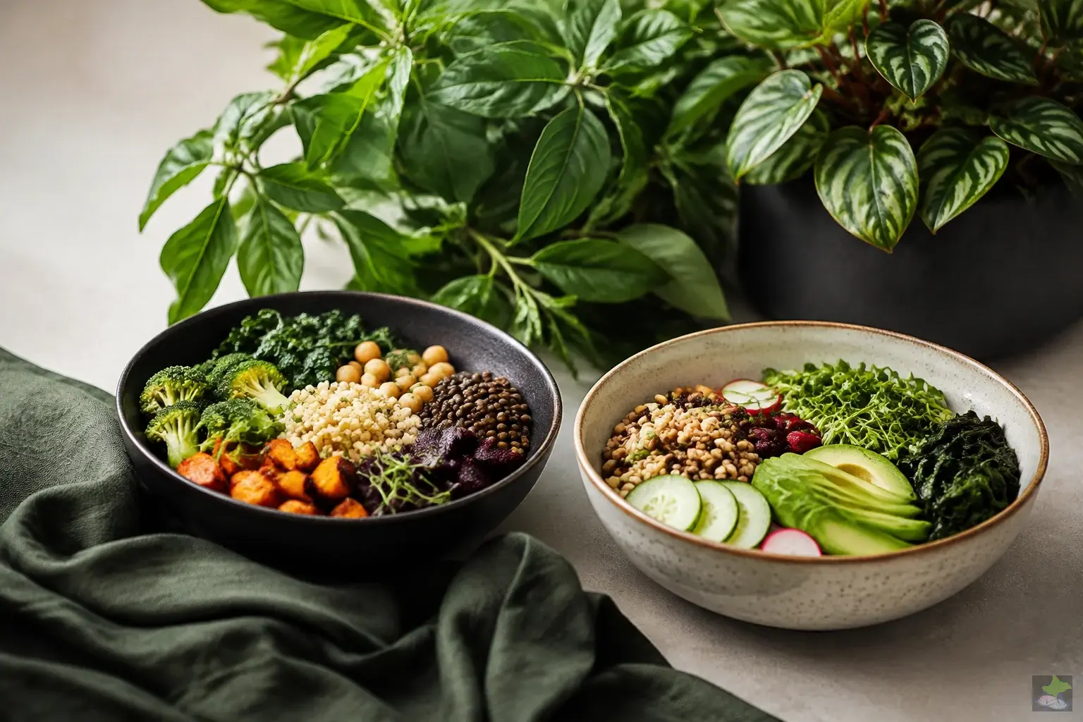 Dos cuencos diferentes de verduras y cereales junto a unas plantas.