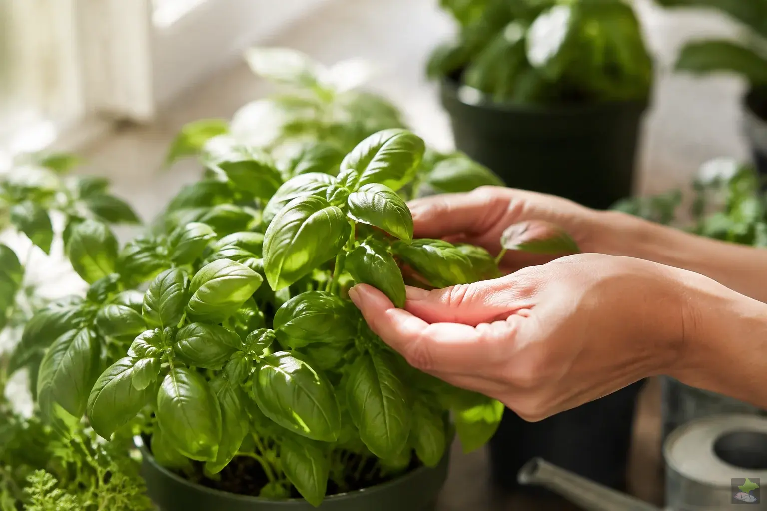 Hands tending basil beside a bright window.