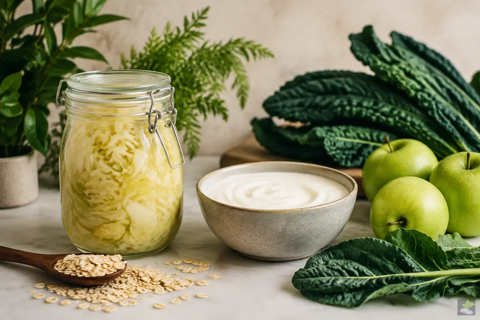 Sauerkraut, plant-based yoghurt, apples and oats.