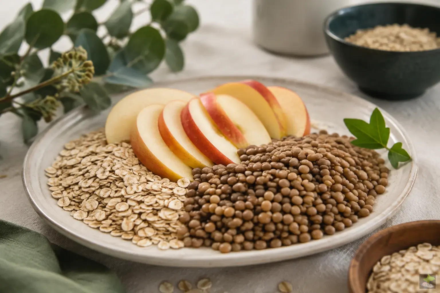 Avena, lentejas y rodajas de manzana sobre vajilla clara.
