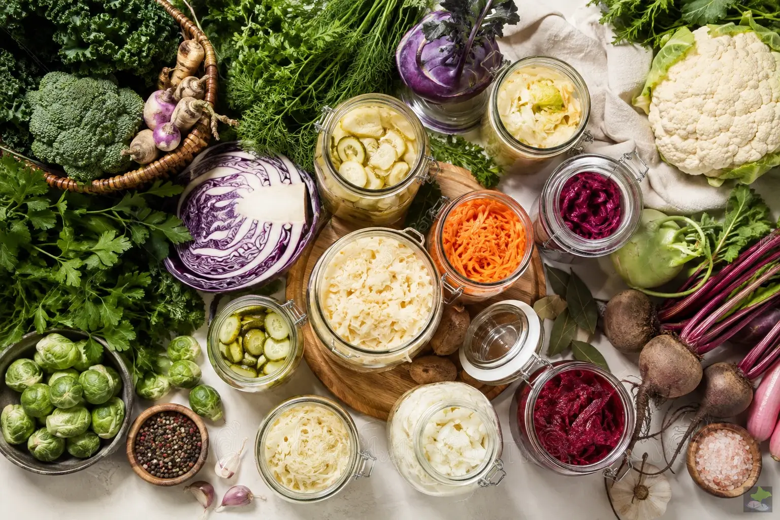 A variety of vegetables beside fermented foods.