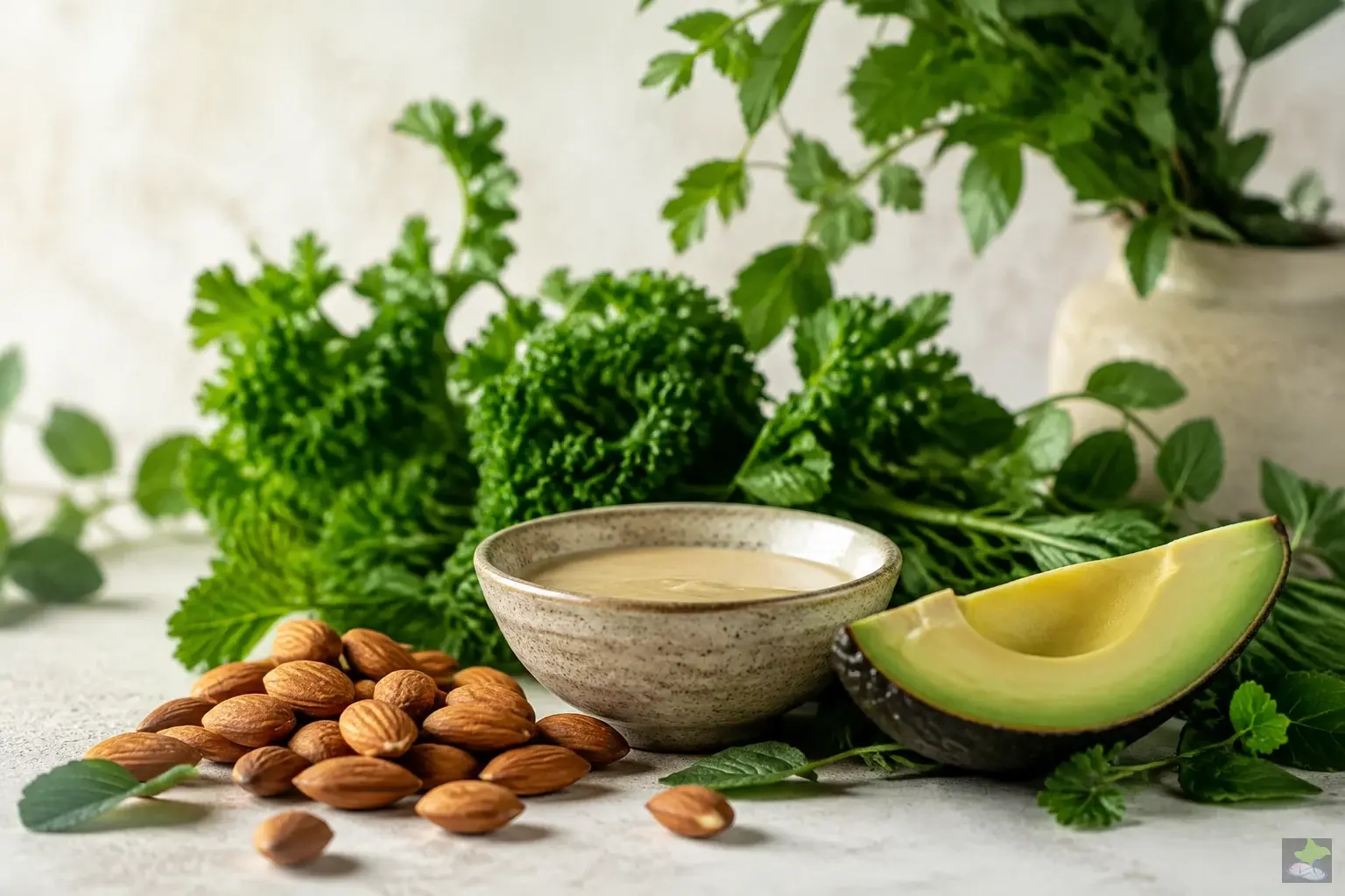 Almendras, tahini, aguacate y hierbas aromáticas frescas.