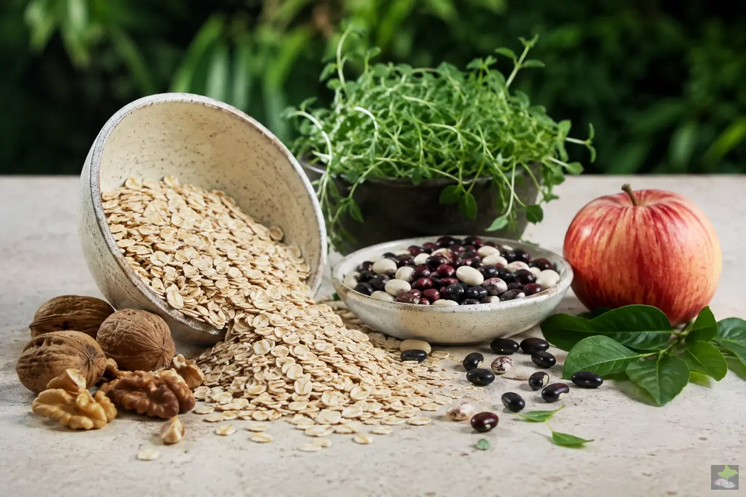 Copos de avena, nueces, alubias y una manzana.