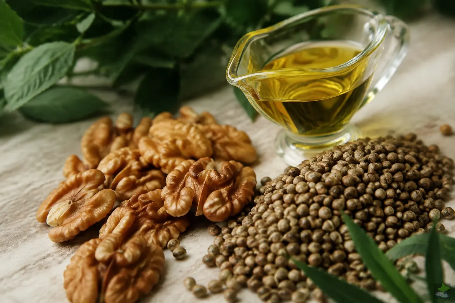 Primer plano de nueces, aceite de lino y semillas de cáñamo.
