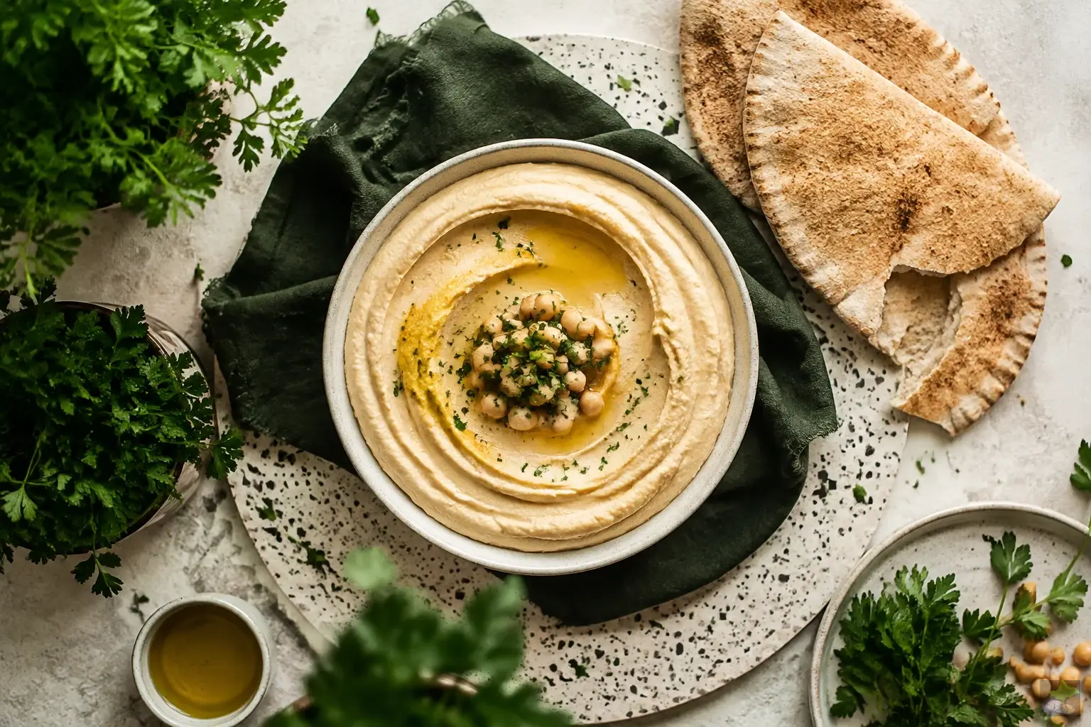 Hummus with wholegrain flatbread and parsley.