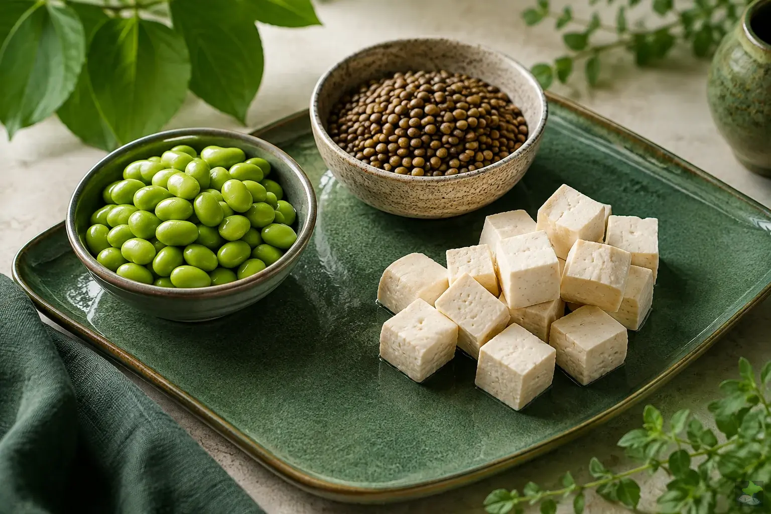 Edamame, Tofu und Linsen auf einem grünen Tablett.