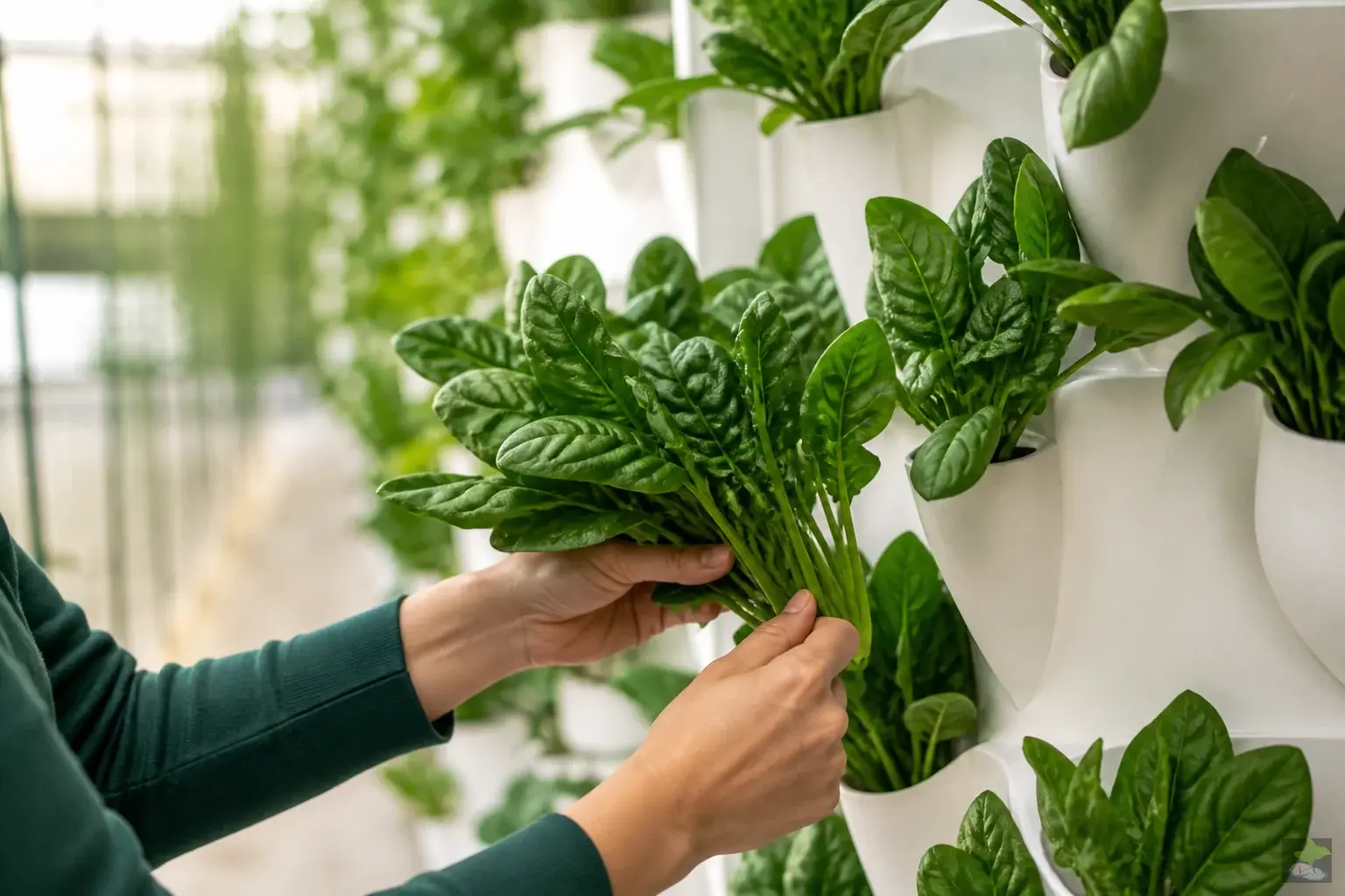 Fresh spinach being harvested from a vertical growing system.