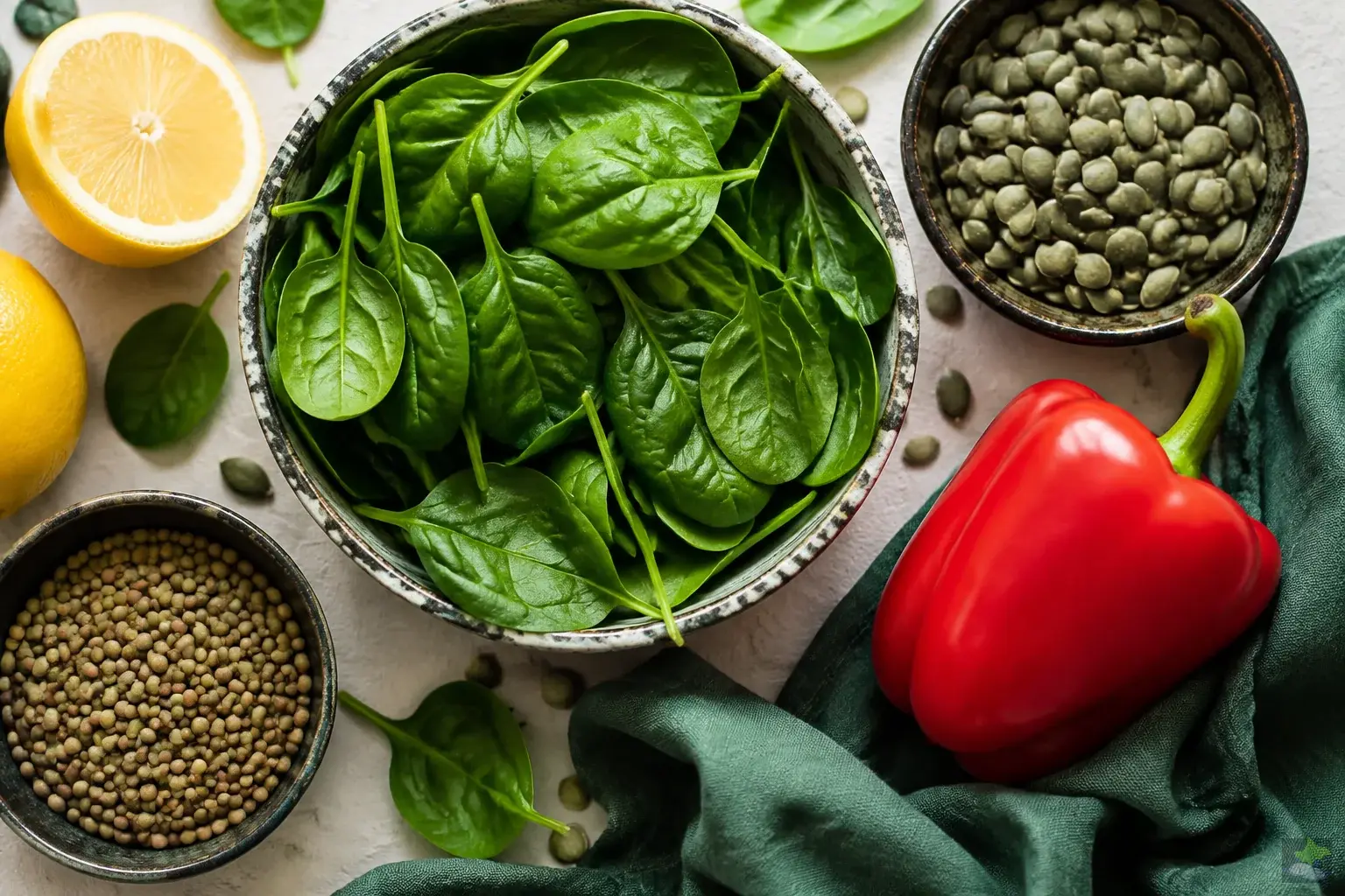 Spinach, lentils, pumpkin seeds, pepper and lemon.