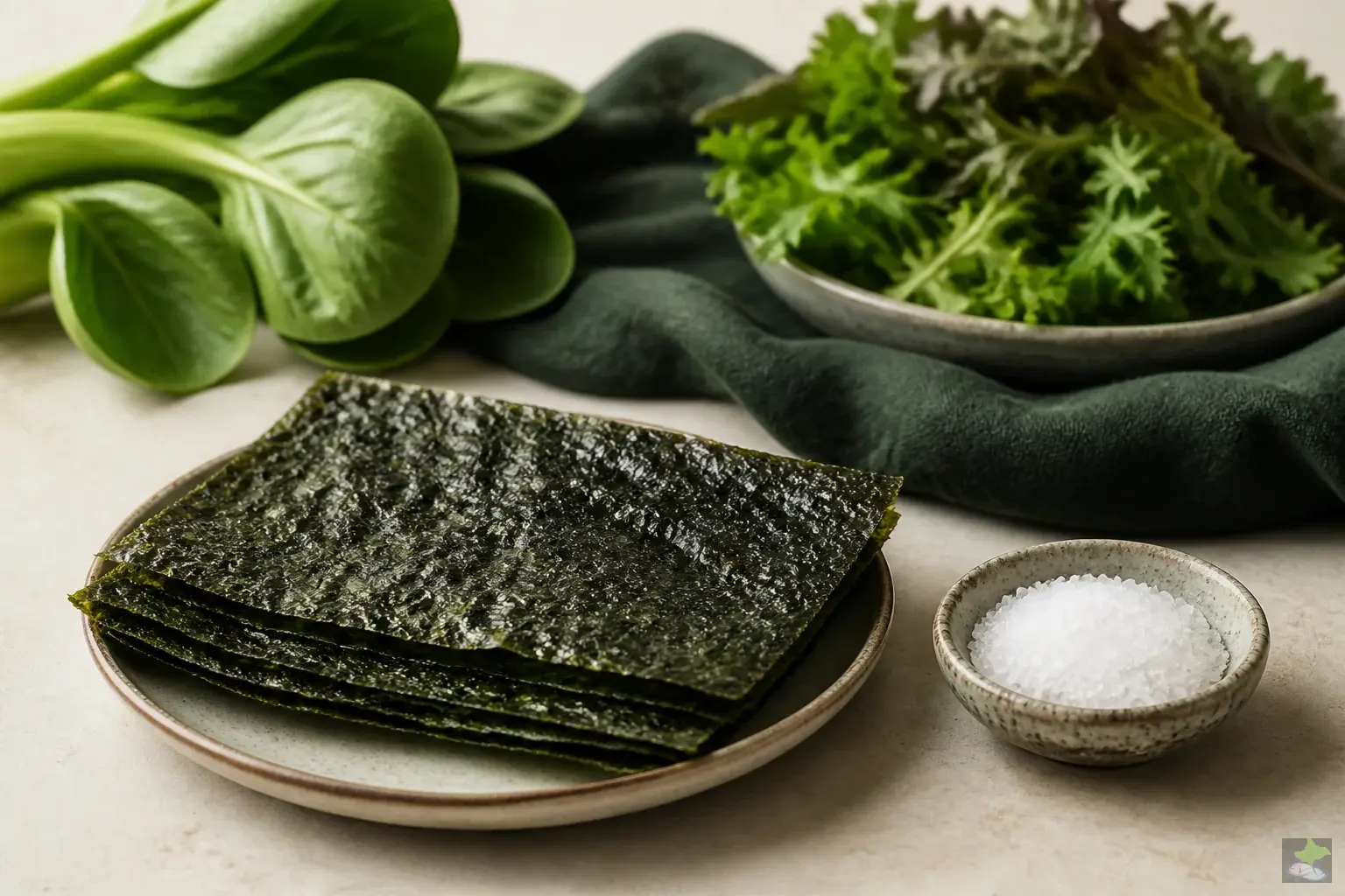 Seaweed sheets and a small bowl of salt beside leafy vegetables.