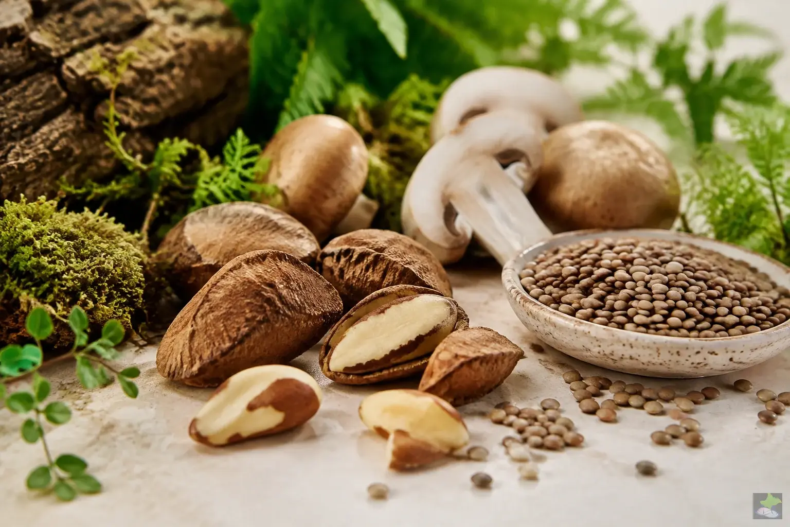 Brazil nuts with mushrooms and lentils.