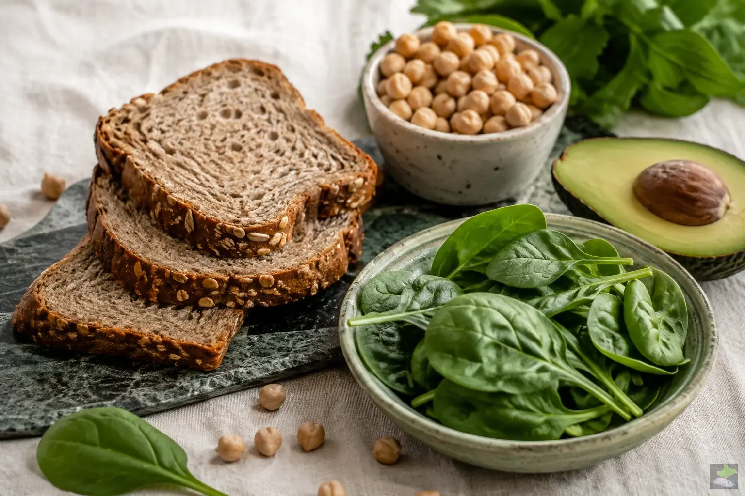 Wholegrain bread, chickpeas, spinach and avocado.