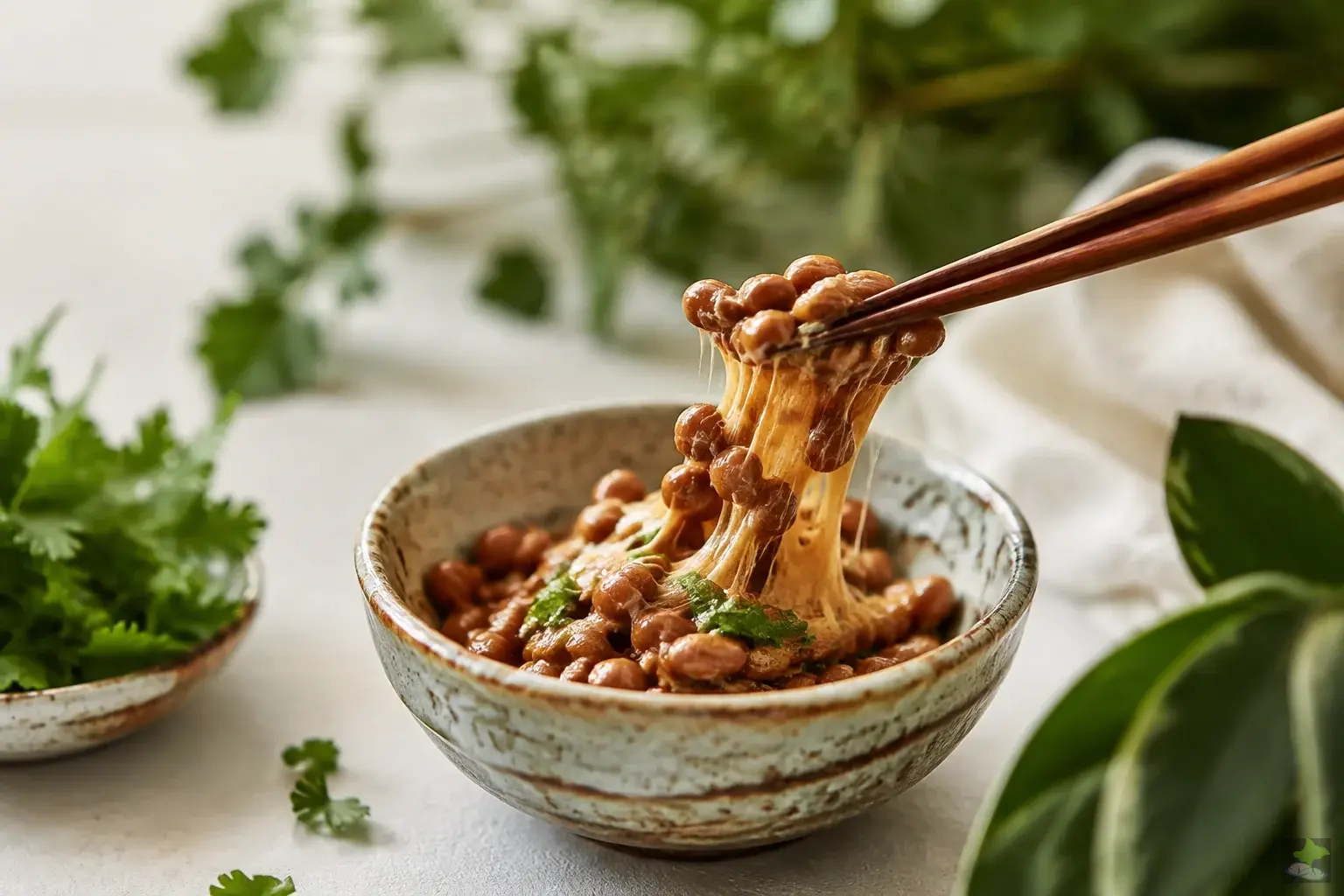 Natto with chopsticks and fresh herbs.