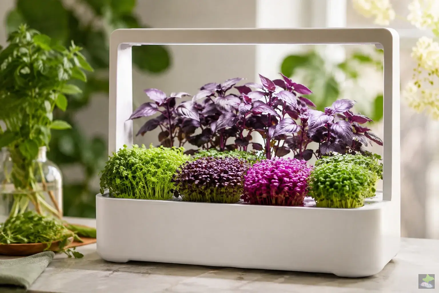 Microgreens de colores y albahaca morada en una jardinera.