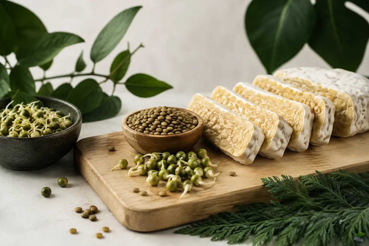 Tempeh, lentejas y brotes de guisante sobre una tabla de cortar.
