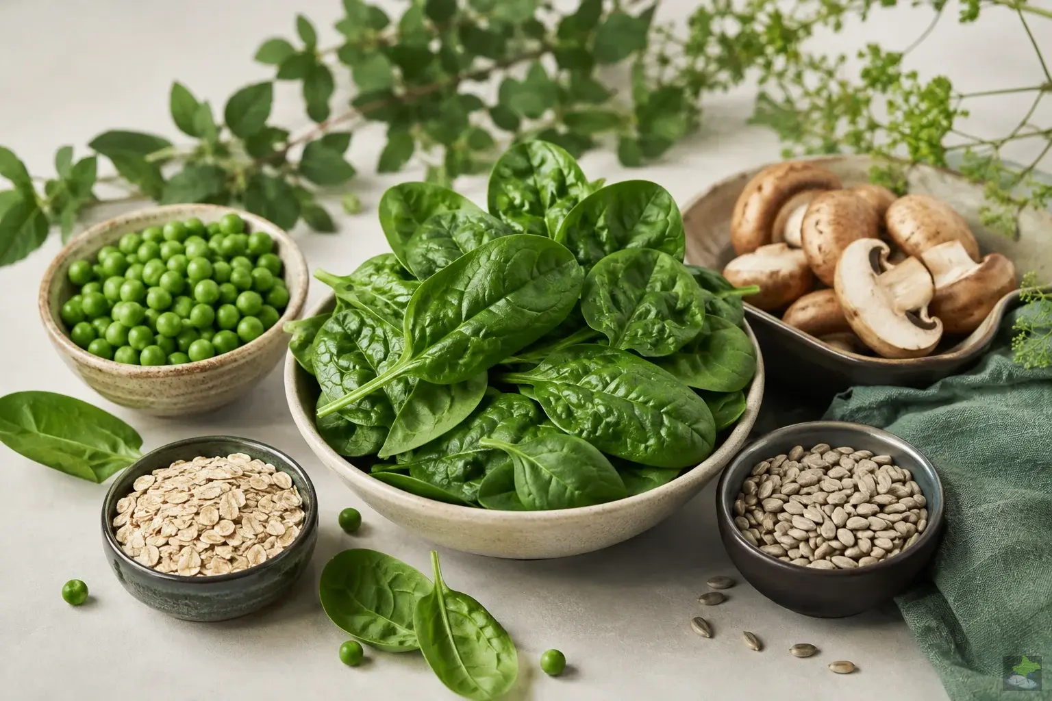 Peas, sunflower seeds, mushrooms, oats and spinach.