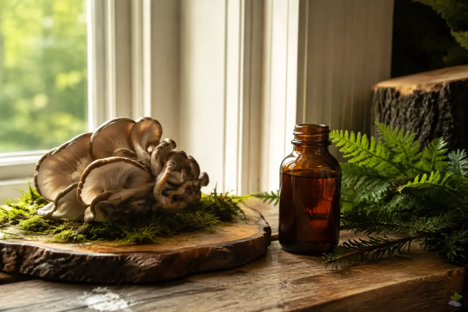 Mushrooms and a plain amber glass bottle in warm window light.
