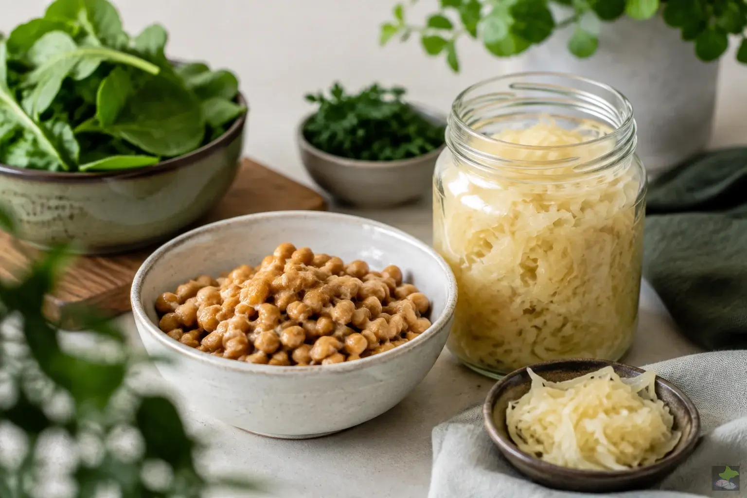 Fermented soybeans and sauerkraut in a jar.