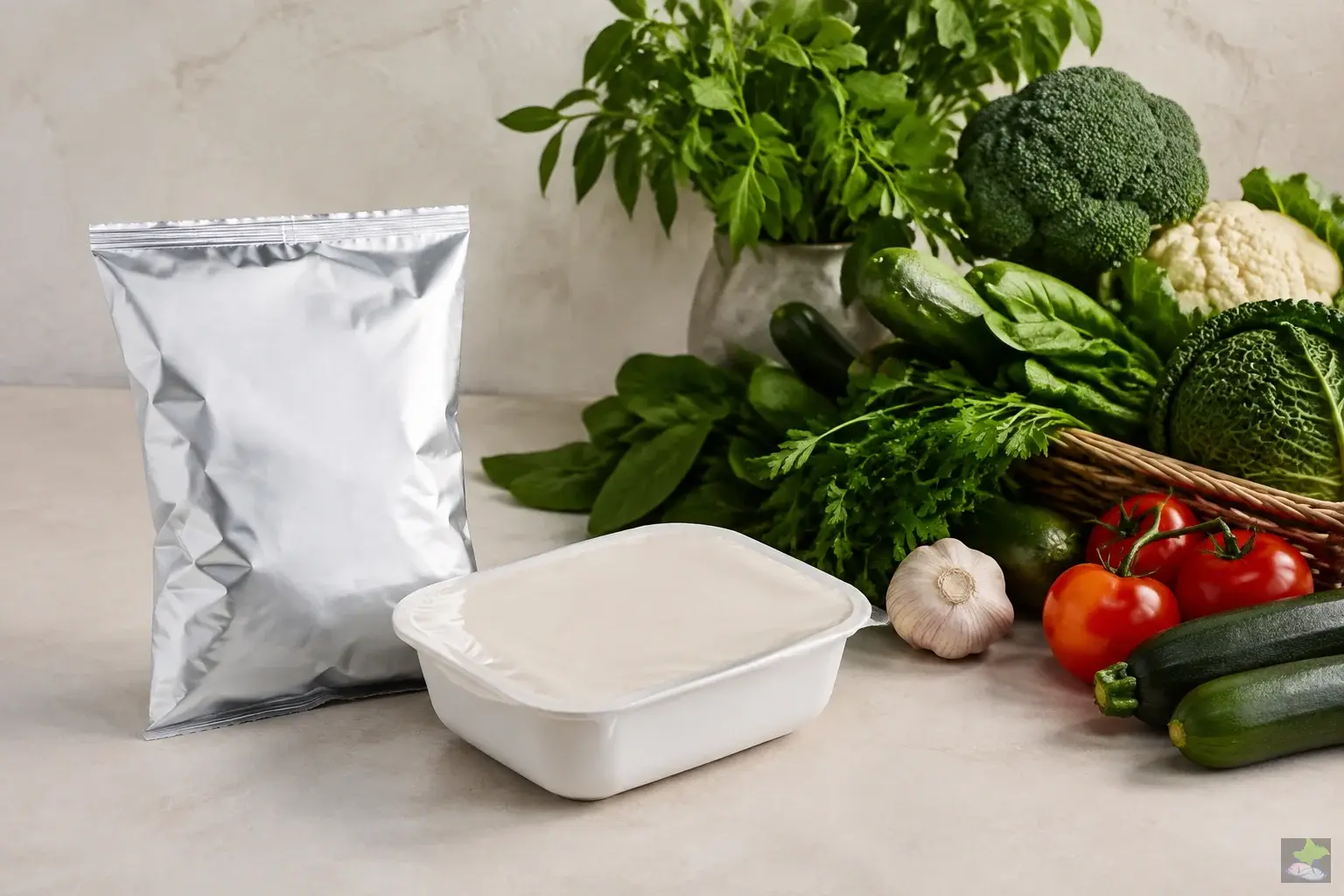Plain food packaging beside fresh vegetables.