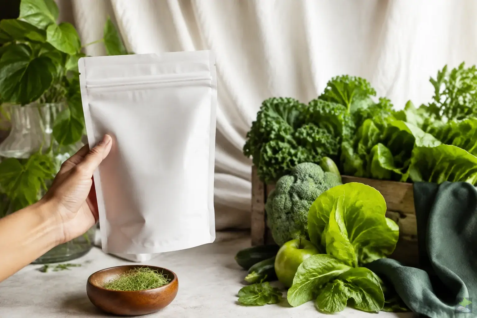 A hand holding an unlabelled package beside fresh ingredients.