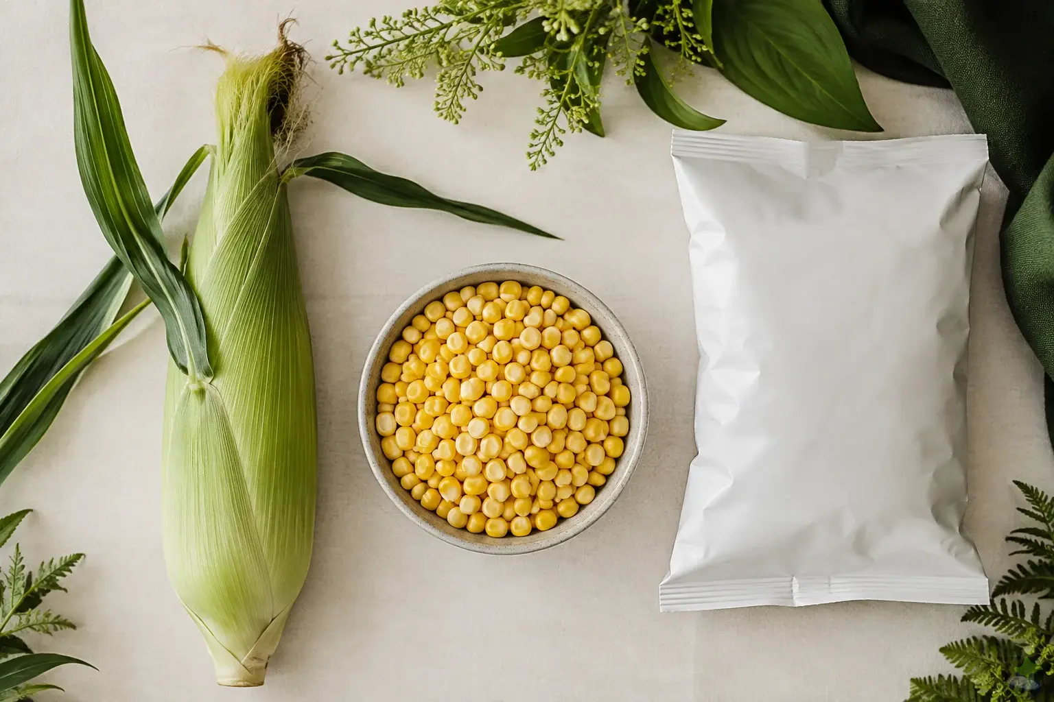 Corn on the cob, corn kernels and a plain snack package.
