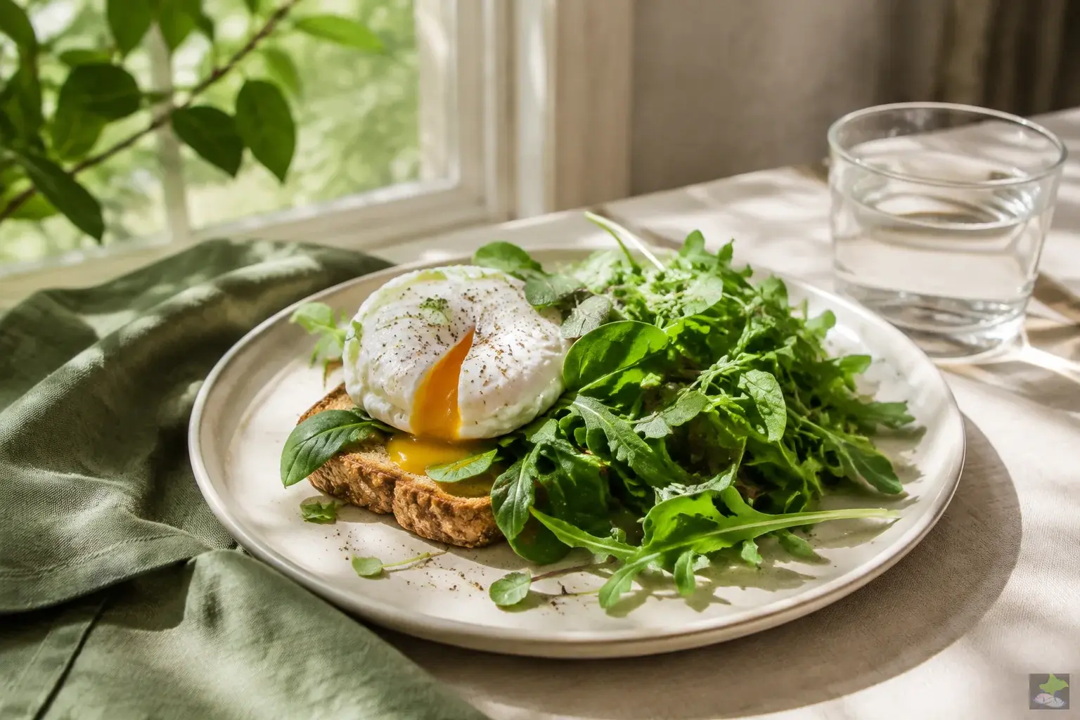 Breakfast with egg, wholegrain bread and leafy vegetables in the morning light