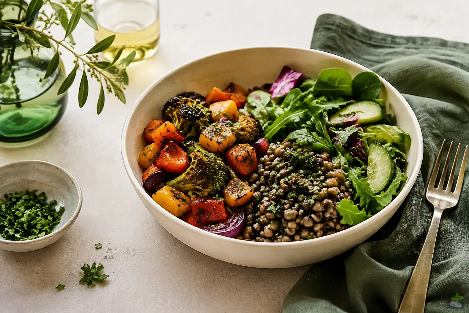 Balanced meal with lentils, vegetables and a fresh salad