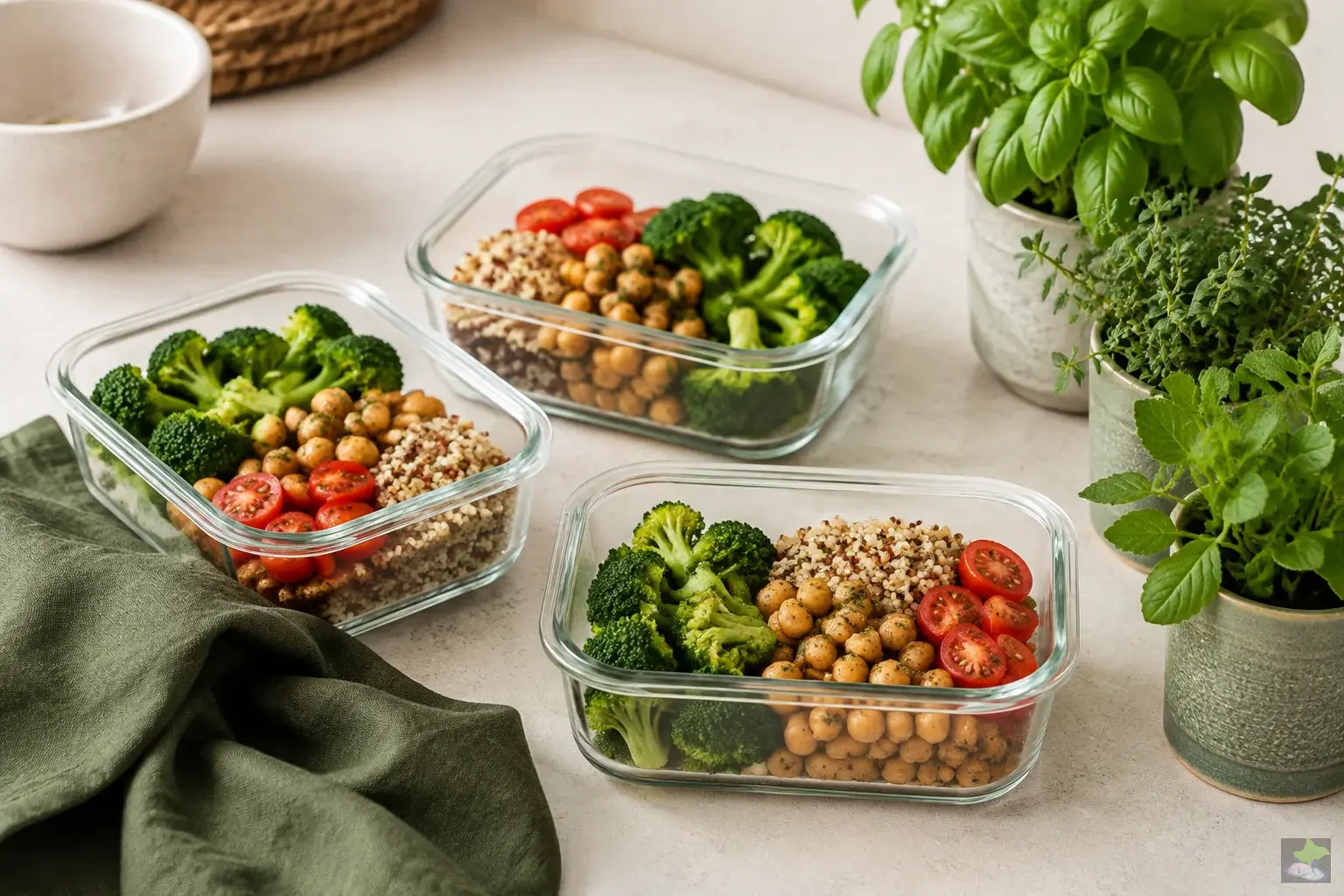 Prepared meals with vegetables and quinoa in glass containers