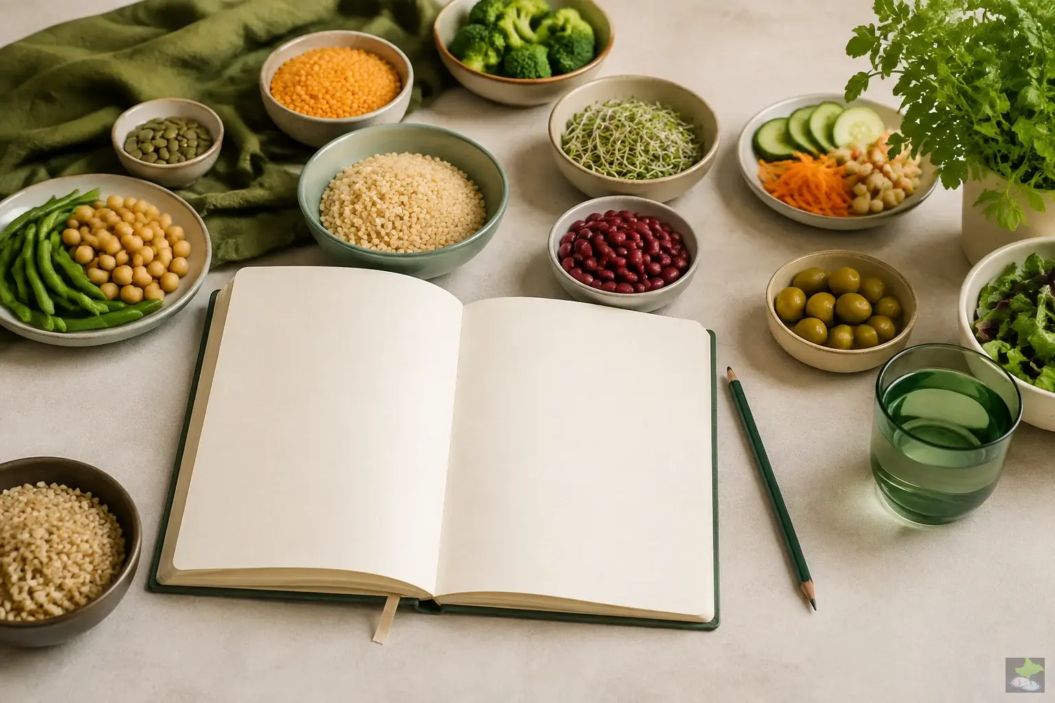 An empty notebook beside grains, pulses and vegetables