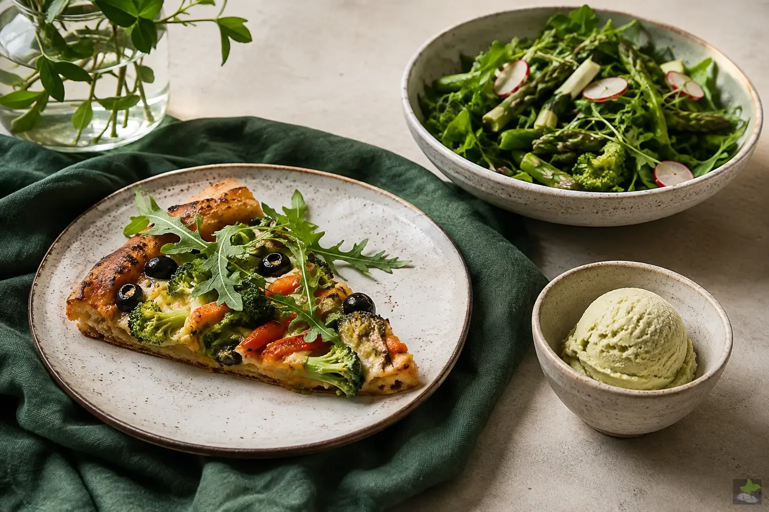 Vegetable pizza with salad and a small bowl of ice cream